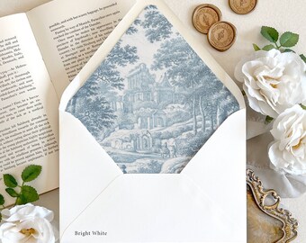 French Toile de Jouy Lined Wedding Envelopes | Vintage Delft Blue Envelope Liners for Wedding Invitations, Dusty Blue Wedding Envelopes