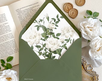 Vintage Floral Lined Wedding Envelopes, Fine Art White Floral Envelope Liner, Elegant White Rose Wedding Invitation Envelopes