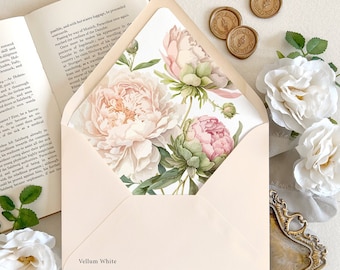 Blush peony envelope liner | Pink peony lined wedding envelopes, Vintage floral envelope liner, Elegant invitation mailing envelopes