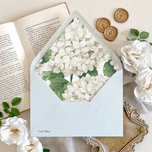 Floral envelope liner | Hydrangea envelope liner, Elegant envelope liner, Wedding envelopes with liner, White Hydrangea envelope liner