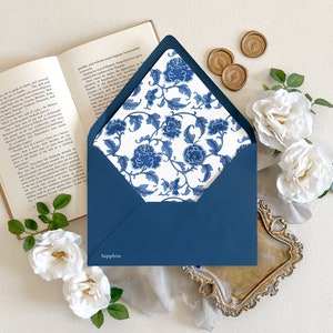 Chinoiserie envelope liner | China blue toile envelope liner, Chinoiserie floral envelope liner, Ginger Jar lined wedding envelopes