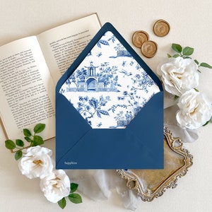 Chinoiserie wedding envelope | Toile de Jouy envelope liner, Elegant wedding envelopes, Ginger jar wedding envelope, China blue envelopes