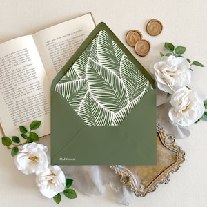 Tropical greenery envelope liner | Lined envelopes for wedding invitations, Modern tropical envelope liner, Destination wedding envelopes