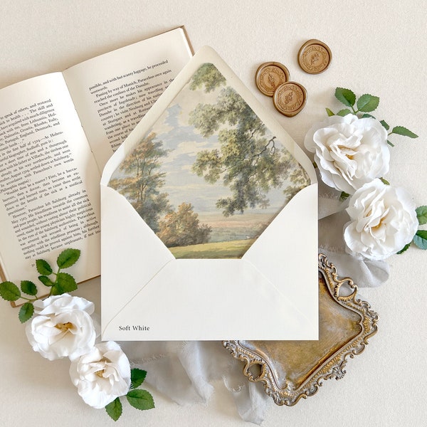 Fine art landscape painting envelope liner | Country Wedding envelope, Wedding envelopes with liner, Decorative envelopes, pastoral envelope