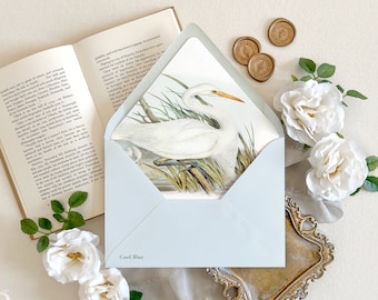 Fine art lined envelopes for wedding invitations, Marsh beach wedding envelopes, Vintage Heron painting envelope liner, Elegant envelopes
