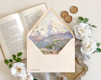 Mountain wedding envelope | Colorful pastel wedding, Vintage fine art envelope liner, Elegant wedding envelopes, Mountain envelope liner