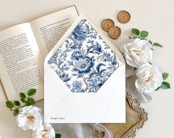 Floral toile lined wedding envelopes | Blue chinoiserie envelope liner, Floral toile wedding envelopes, Ginger jar pattern wedding envelopes