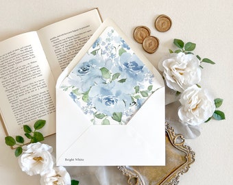 Blue floral envelope liner | Watercolor flowers wedding envelope, Elegant dusty blue floral wedding envelopes, Fine art invitation envelopes