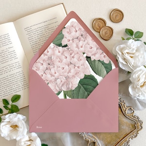 Elegant floral lined envelopes for wedding invitations, Fine art Hydrangea envelope liners, Pink hydrangea wedding envelopes