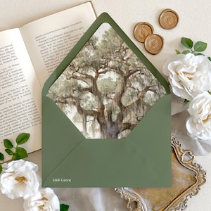 Southern Oak Tree Envelope Liner | Live Oak tree with Spanish moss envelope liners, Romantic Southern wedding, Mossy Oak tree illustration