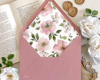 Watercolor blush floral lined wedding envelopes | Pink flower envelope liners, Size A7 (alternate sizes available)