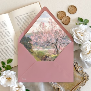 Fine art painting envelope liner | Cherry Blossom Tree Wedding, Wedding envelopes with liner, Decorative envelopes, Landscape Painting Liner