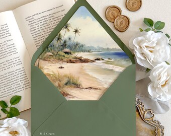 Tropical Beach Wedding Envelope Liner | Palm Tree shoreline Envelope Liner for Coastal Wedding, Fine Art Lined Wedding Envelopes