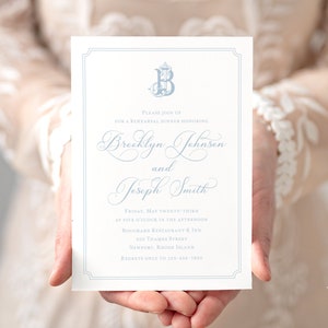 Something blue rehearsal dinner invitation, Elegant blue monogram wedding rehearsal invitation, Timeless and formal rehearsal invitation