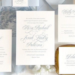 Simple Blue wedding invitation, Timeless wedding invitation, Calligraphy wedding invitation, Customizable and Printed (Sample invite set)