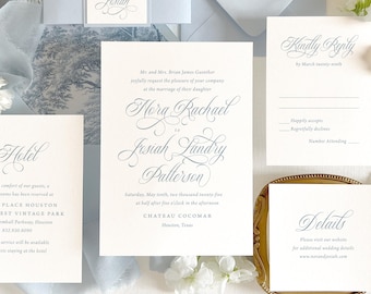 Simple Blue wedding invitation, Timeless wedding invitation, Calligraphy wedding invitation, Customizable and Printed (Sample invite set)