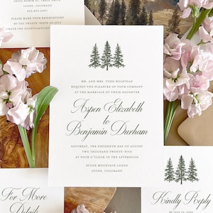 Mountain wedding invitation, Elegant forest wedding invitation, Rustic pine tree woodland wedding invitation, (sample invitation set)