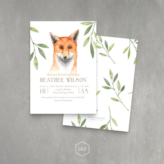 Fox Baby Shower Invitation Watercolor Invite Nature Woodland Animal Gender Neutral Greenery Red