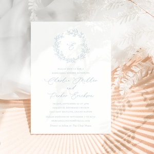 Blue rehearsal dinner invitation with greenery crest and monogram, Elegant French blue wedding rehearsal invitation, Printed invitations