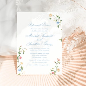 Blue spring floral Rehearsal Dinner invitation, Wildflower wedding rehearsal invitation, Garden theme rehearsal dinner, printed invitations