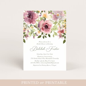 Elegant Floral bridal shower invitation, Purple floral invitation, Mauve wedding shower invitation, Lavender bridal shower invitation image 1