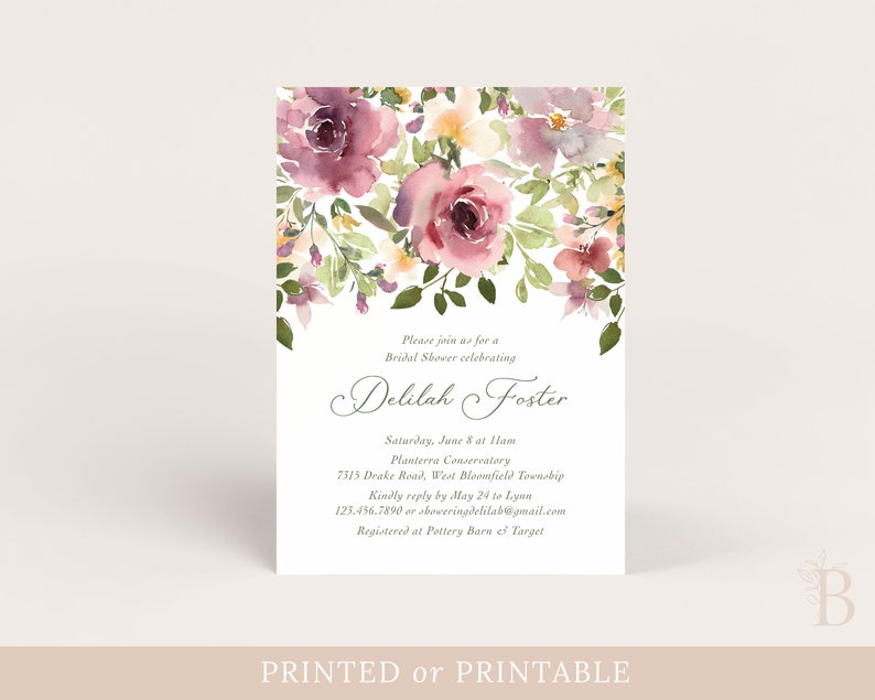 Elegant Floral bridal shower invitation, Purple floral invitation, Mauve wedding shower invitation, Lavender bridal shower invitation image 1