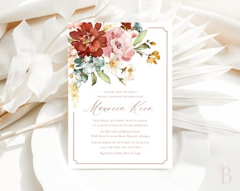 Floral bridal shower invitation, Autumn floral wedding shower invitation, Fall floral bridal invitation, Elegant bridal luncheon invitation