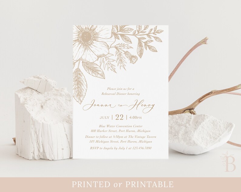 Elegant rehearsal dinner invitation, Floral wedding rehearsal invitation, Flower invitation design, Greenery invitation design image 1