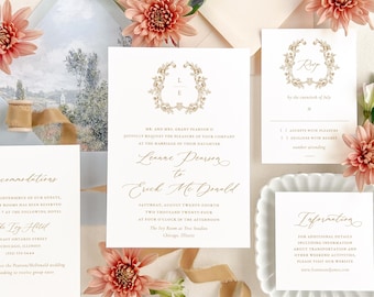 Timeless wedding invitation, Elegant Gold Wedding Invite with Modern Calligraphy and Vintage Artwork, Printed wedding Invites (Sample set)