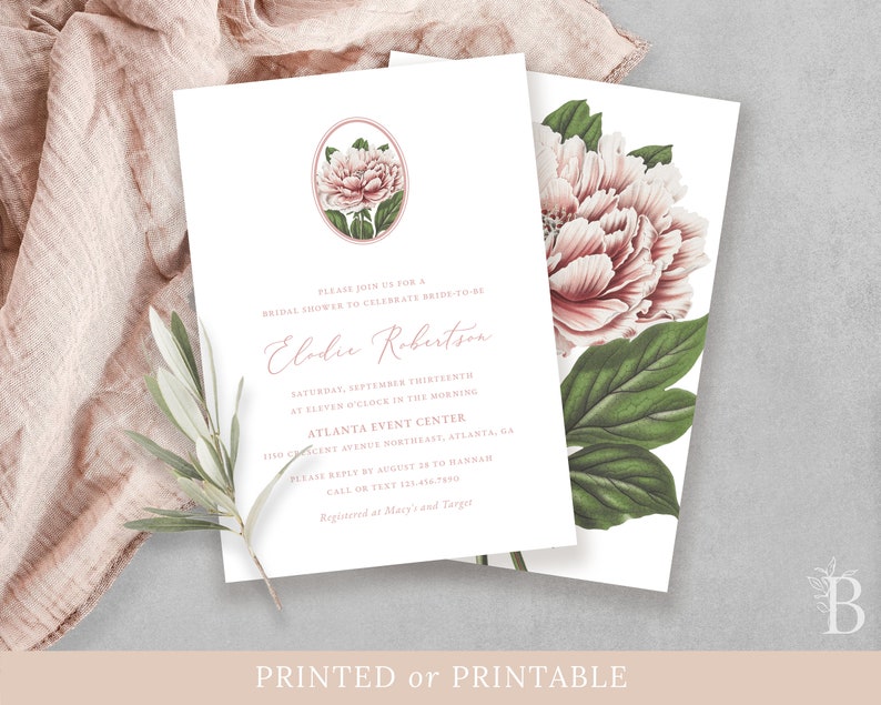 Dusty pink bridal shower invitation, Peony wedding shower invitation, Pink floral shower invitation, Calligraphy invitation design image 3