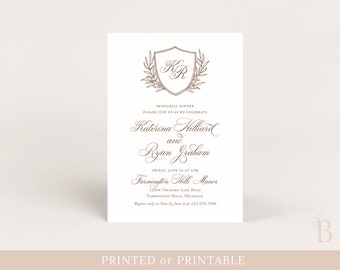 Elegant rehearsal dinner invitations, Wedding crest and monogram wedding rehearsal invites, High end luxury invitations