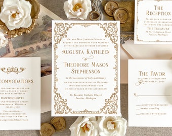 Elegant wedding invitation, Antique Wedding invitation, Vintage victorian wedding invite, letterpress wedding invitation (Sample invite set)