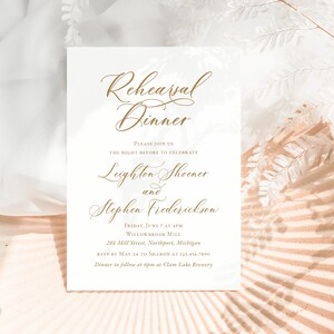 Elegant rehearsal dinner invitation, Gold wedding rehearsal invitation, Modern calligraphy, Printed rehearsal invitations and envelopes