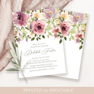 Elegant Floral bridal shower invitation, Purple floral invitation, Mauve wedding shower invitation, Lavender bridal shower invitation image 3