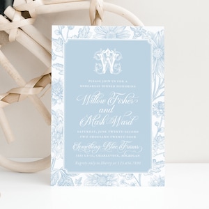 Elegant rehearsal dinner invitation, Chinoiserie invitation, Toil rehearsal invitation, Floral rehearsal invitation, Monogram invitation