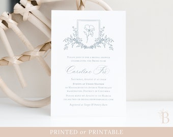 Elegant bridal shower invitation, French inspired invitation, Greenery crest wedding shower invitation, Calligraphy invitation
