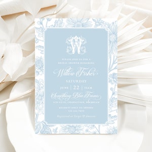 Chinoiserie bridal shower invitation, Toile bridal invitation, Floral bridal shower invitation, Light blue bridal shower, Printed invitation