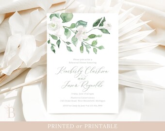 White floral rehearsal dinner invitation, White roses invitation, Greenery wedding rehearsal invitation, Elegant rehearsal dinner invitation