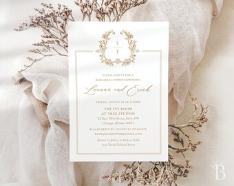 Regal rehearsal dinner invitation, Elegant wedding rehearsal invitation, Luxury rehearsal dinner invitation, Crest with monogram invitation