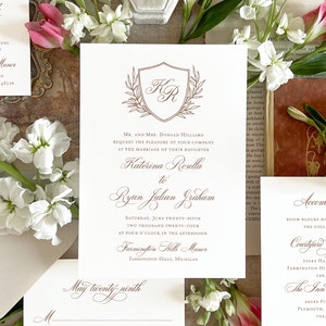 Elegant Autumn wedding invitation, Neutral wedding invitation, Hand drawn Crest wedding invite, Letterpress invitation Sample invite set image 1