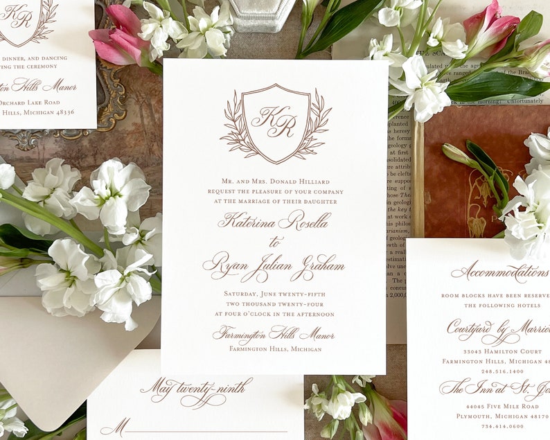 Elegant Autumn wedding invitation, Neutral wedding invitation, Hand drawn Crest wedding invite, Letterpress invitation Sample invite set image 1