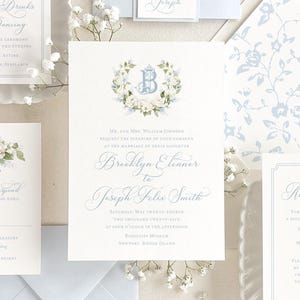 Blue watercolor flower wedding invitation, Flower garden wedding invite, Timeless blue and white wedding invitation (Sample invite set)