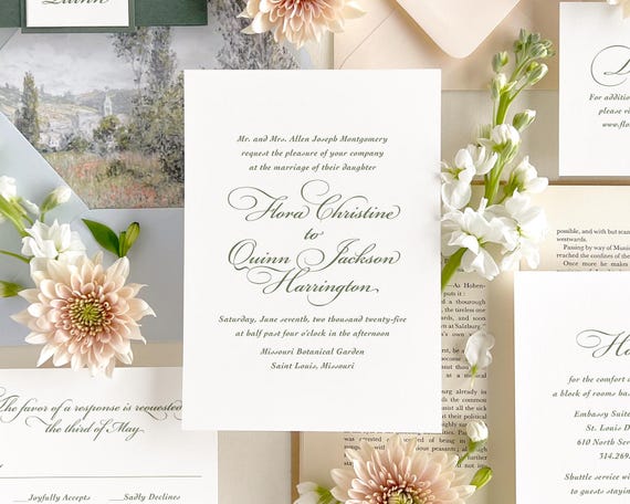 Romantic wedding invitation, Elegant wedding invitation, Fine art impressionist wedding invitation, Letterpress invite (Sample invite kit)