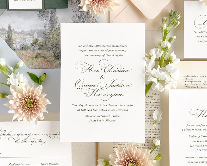 May include: A white wedding invitation with black calligraphy announcing the marriage of Flora Christine to Quinn Jackson Harrington. The wedding will take place on Saturday, 7th June 2025 at 4:30 PM at the Missouri Botanical Garden in Saint Louis, Missouri.