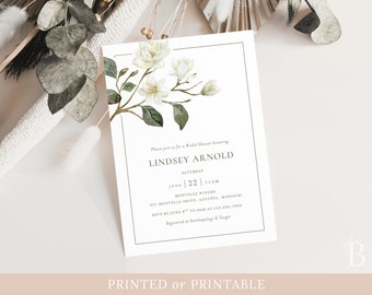 Magnolia bridal shower invitation, Floral wedding shower invite, Greenery bridal shower invitation, Printed bridal shower invitation