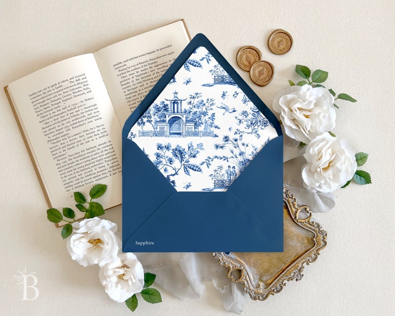Chinoiserie wedding envelope Toile de Jouy envelope liner, Elegant wedding envelopes, Ginger jar wedding envelope, China blue envelopes image 1