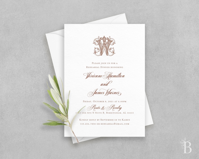 Rust rehearsal dinner invite Printed invitations Victorian monogram rehearsal dinner invitation Elegant wedding rehearsal invitation