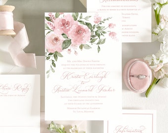 Blush floral wedding invitation, Garden wedding invitation, Watercolor flower invitation, Romantic wedding invitation (Sample invite set)