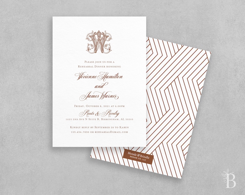 Rust rehearsal dinner invite Printed invitations Victorian monogram rehearsal dinner invitation Elegant wedding rehearsal invitation