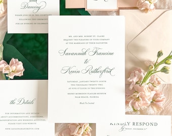Elegant calligraphy wedding invitation, Peach and forest green wedding invitation, Timeless minimal and simple (Sample invitation kit)